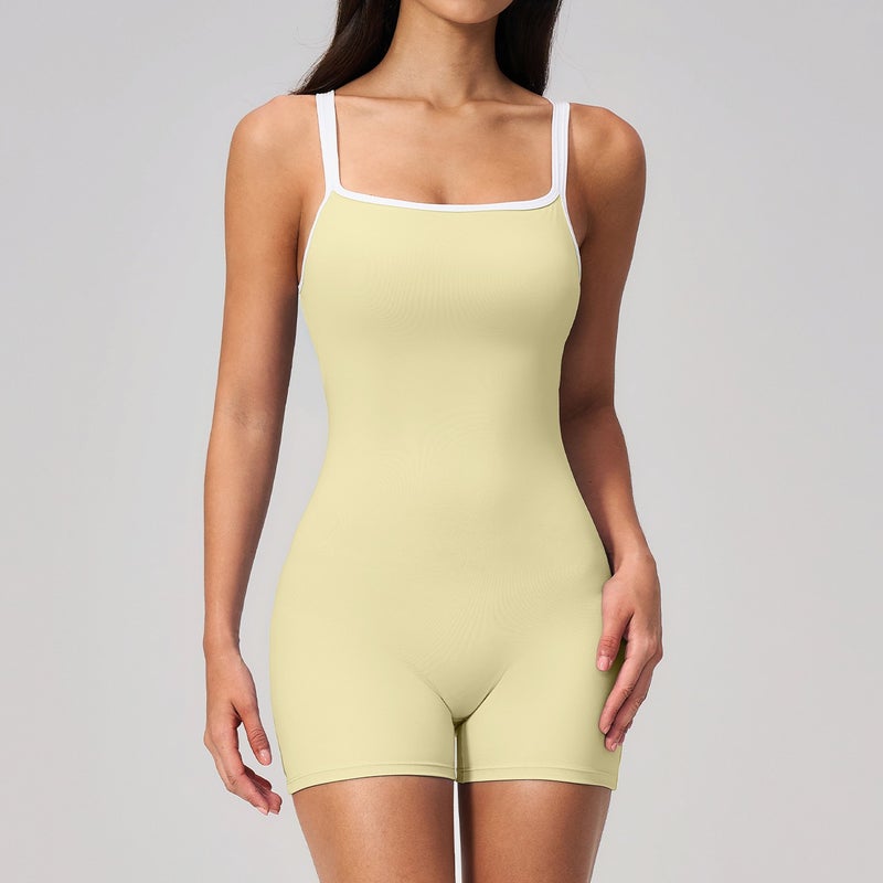 Cross-Border New Tight Yoga Jumpsuit with Square Neckline, Backless Fitness Shorts and Shoulder Straps for Women - FLT2134