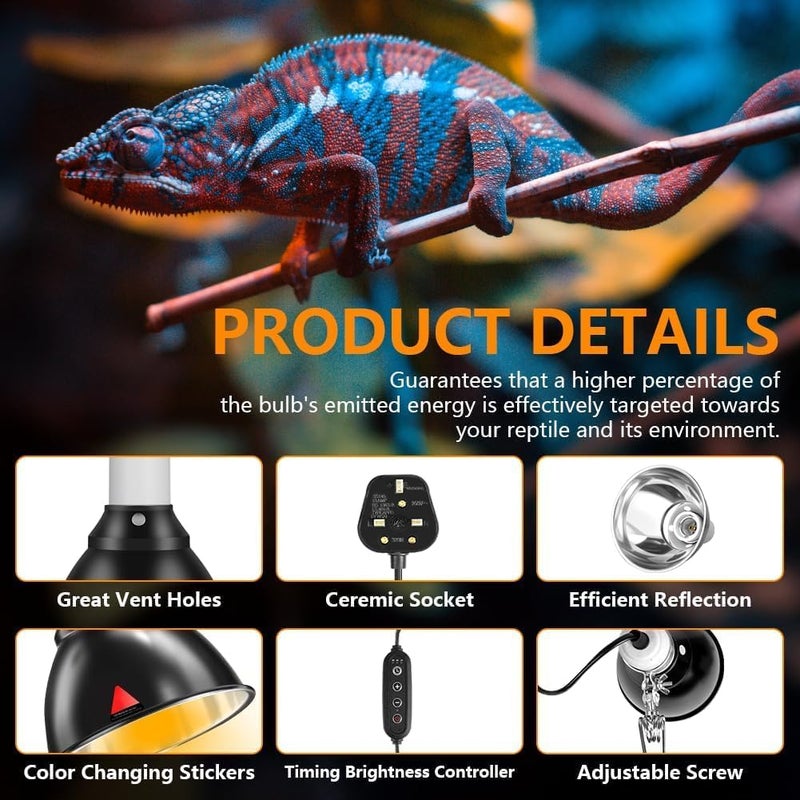 KASTWAVE Tortoise Heat Lamp with Clamp, Dimmable UVA UVB Light Reptile Kit for Terrapin Tank Vivarium, Reptile Heat Lamp with Timer, Terrarium Hood Light for Tortoise, Snake, Frog, Lizard, Chicks - Image 4