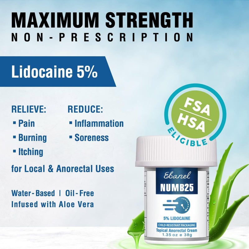 Ebanel Laboratories Ebanel Bundle of Numb25 Lidocaine 5 Topical Numbing Cream 1 Oz and Pain Relief Roll On Arnica Menthol 3 Oz - Image 2