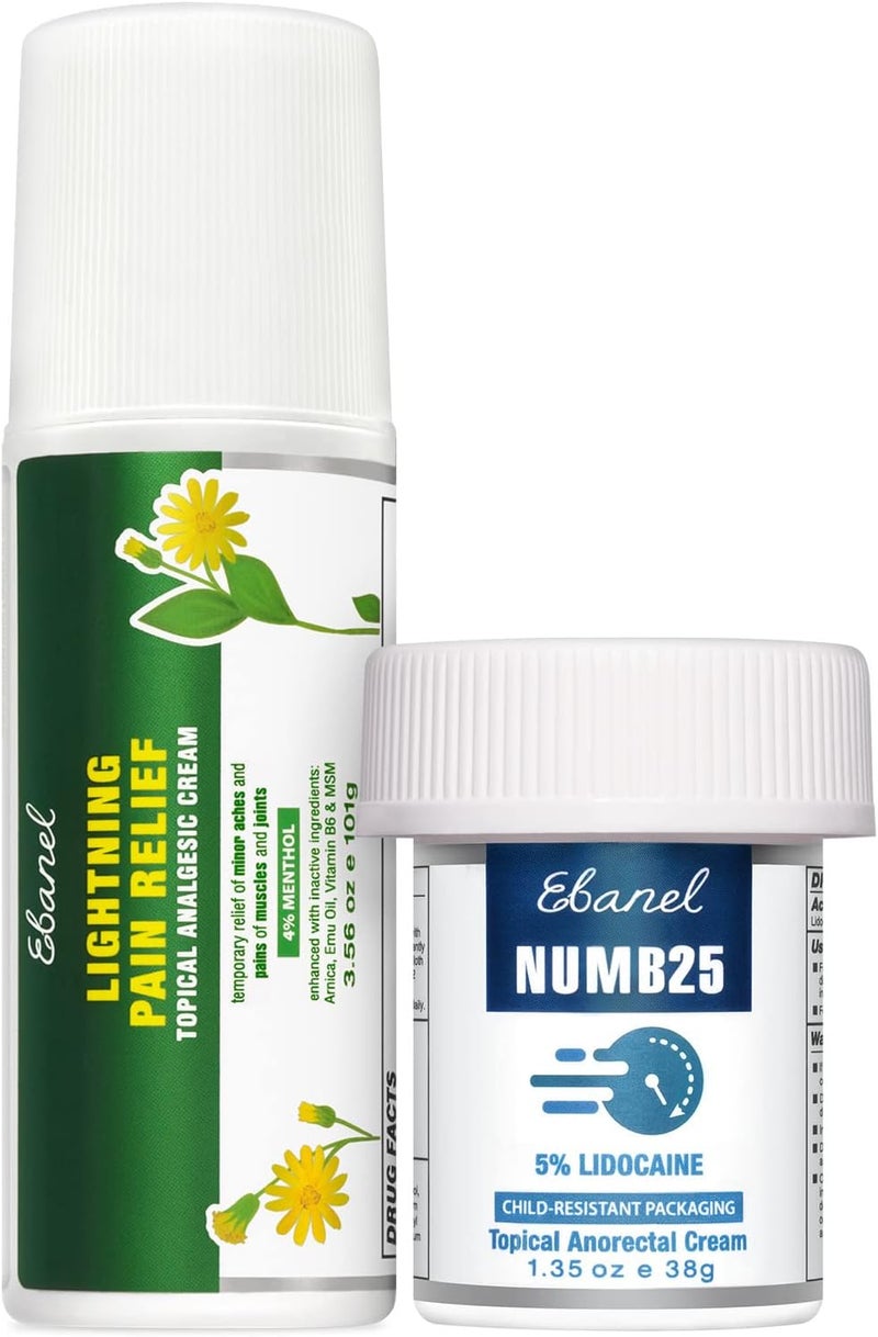 Ebanel Laboratories Ebanel Bundle of Numb25 Lidocaine 5 Topical Numbing Cream 1 Oz and Pain Relief Roll On Arnica Menthol 3 Oz - Image 1