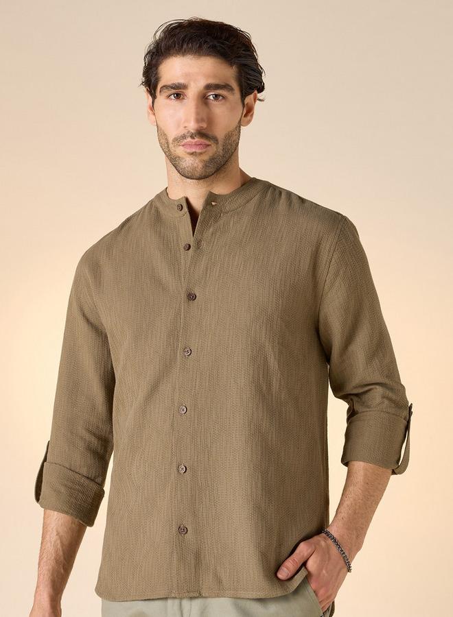 Iconic Textured Shirt with Mandarin Collar and Long Sleeves - Image 1