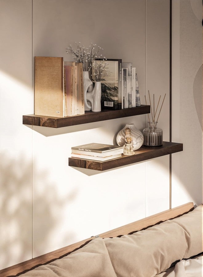 BATODA Set of 2 24" Acacia Floating Shelves for Wall - Rustic Farmhouse Wood Floating Shelf - Book Shelf for Wall & House Décor - DIY Floating Book Shelves - with Brackets & Hardware (Walnut Color) - Image 4