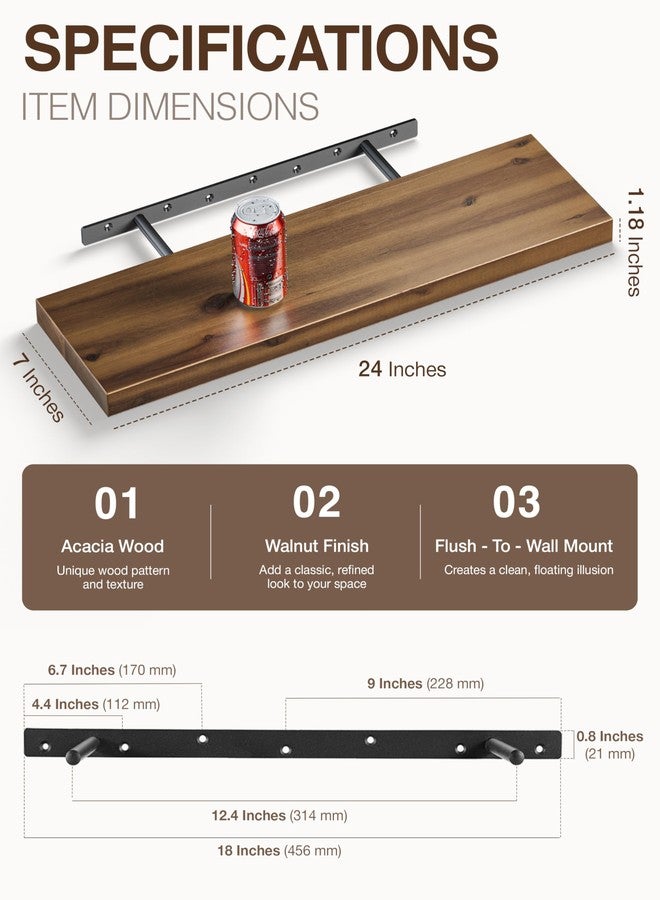 BATODA Set of 2 24" Acacia Floating Shelves for Wall - Rustic Farmhouse Wood Floating Shelf - Book Shelf for Wall & House Décor - DIY Floating Book Shelves - with Brackets & Hardware (Walnut Color) - Image 2