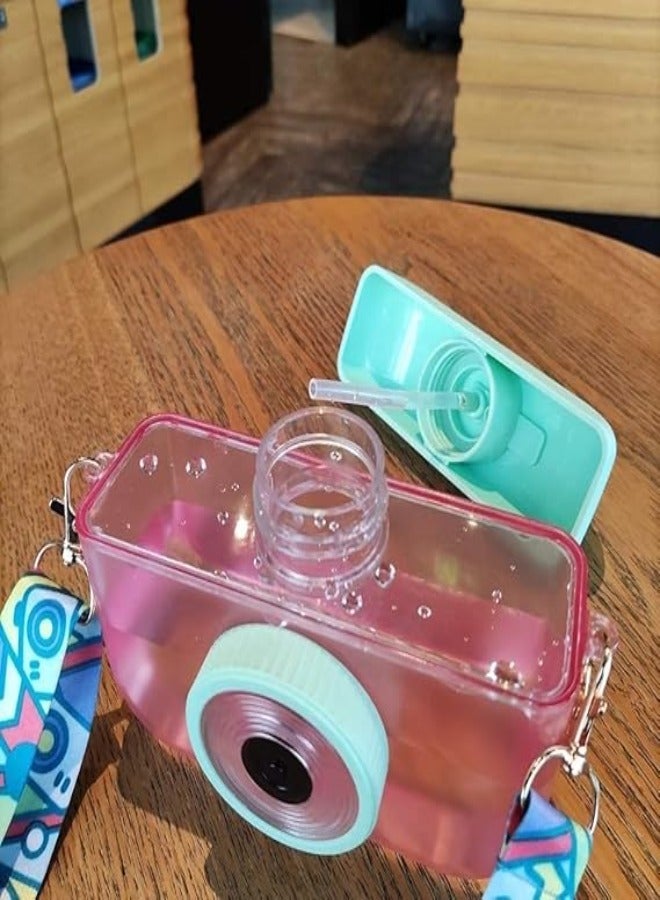 Twisoo Camera Shape Plastic Water Bottle, Leak-Proof Sports Travel Cup with Straw & Strap, 400ml, Green - Image 2