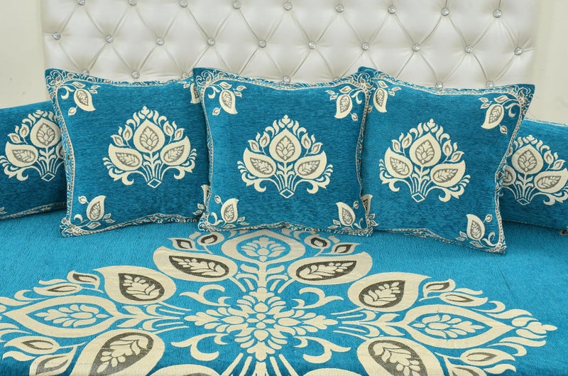 Dazzling DECOR Luxury Velvet Diwan Bedsheet with 5 Cushion Covers and 2 Bolster Covers – Designer Sofa DiwanCover Set for Living Room (Sky, Velvet Diwan Set (1+2+5)) - Image 4