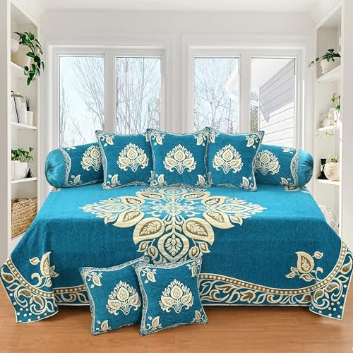 Dazzling DECOR Luxury Velvet Diwan Bedsheet with 5 Cushion Covers and 2 Bolster Covers – Designer Sofa DiwanCover Set for Living Room (Sky, Velvet Diwan Set (1+2+5)) - Image 1