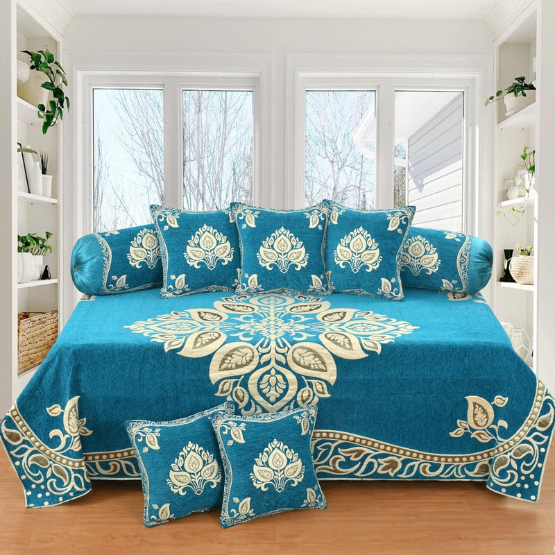 Dazzling DECOR Luxury Velvet Diwan Bedsheet with 5 Cushion Covers and 2 Bolster Covers – Designer Sofa DiwanCover Set for Living Room (Sky, Velvet Diwan Set (1+2+5)) - Image 5