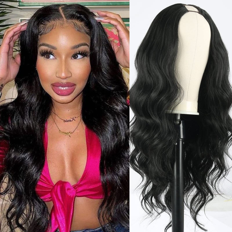 SCENTW V Part Wig Body Wave Synthetic Wigs for Women 24inch Black Hair V Part Wigs Upgrade U Parts Wig Glueless Full Head Clip in Half WIG for Black Women V Shape No Leave Out Thin Hair