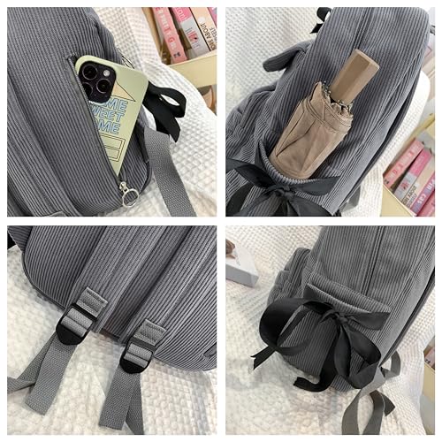MININAI Cute Coquette Corduroy Backpack Bow Tie Large Korean Travel Book Bag College Aesthetic Preppy Daypack for Women (White) - Image 5