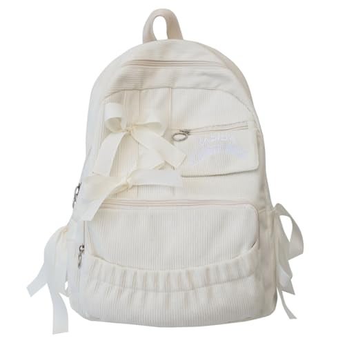 MININAI Cute Coquette Corduroy Backpack Bow Tie Large Korean Travel Book Bag College Aesthetic Preppy Daypack for Women (White) - Image 1