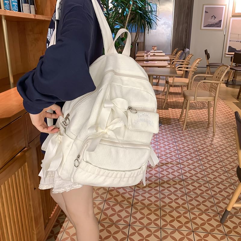 MININAI Cute Coquette Corduroy Backpack Bow Tie Large Korean Travel Book Bag College Aesthetic Preppy Daypack for Women (White) - Image 3