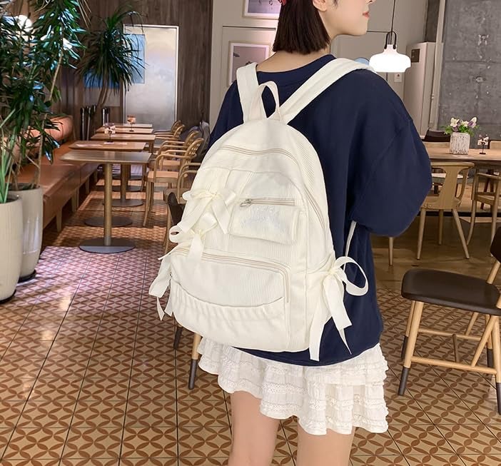 MININAI Cute Coquette Corduroy Backpack Bow Tie Large Korean Travel Book Bag College Aesthetic Preppy Daypack for Women (White) - Image 2