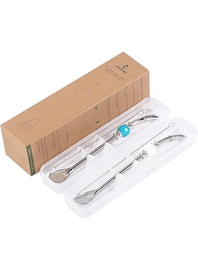 CUOPRU Yerba Mate Bombillas Set - Included Mate Gourd Stainless Steel Straws with Straw Case, Removable Head Filter, Colorful Bead, Cleaning Brush (Blue and White) - Image 1