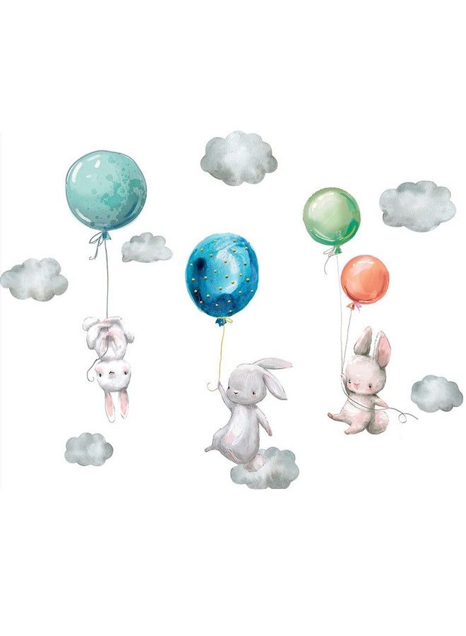 Maydahui Flying Bunny Wall Stickers Removable Peel And Stick Watercolor Cartoon Animal Wall Decal (36 X 28 Inch) Balloon Cloud Cute Rabbit Sticker Decor For Kids Bedroom Nursery Living Room Birthday Gift - Image 2