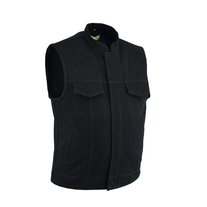 Leatherick Mens SOA Black Denim Motorcycle Vests Bikers Club Vest with Concealed Carry Pockets as1 alpha l regular regular With Collar