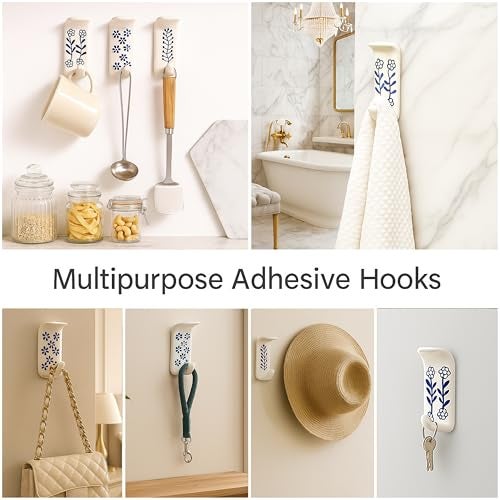 Indian-Shelf Indian Shelf 3 Hooks, 6 Strip Boho Decorative Adhesive Sticky Hooks for Wall Shower Loofah Holder No Damage Hanging Holder Drywall Hooks for Hanging Towel Hooks - Image 2