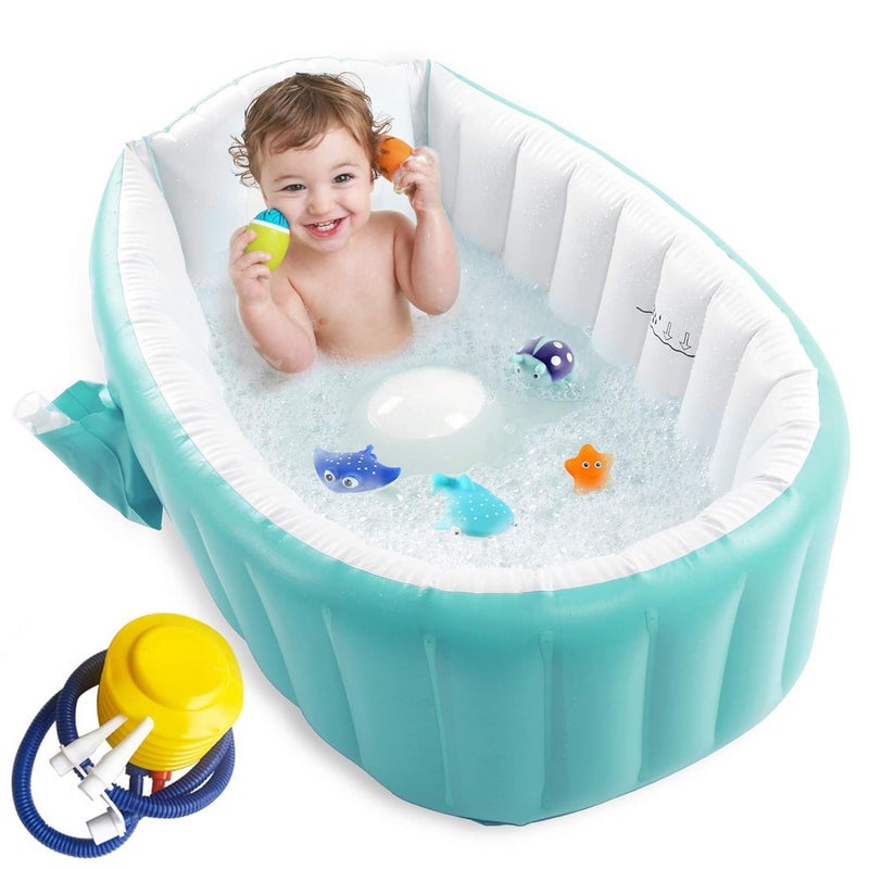 ADDCART Inflatable Baby Bath tub for Kids with Air Pump, Soft Cushion Central Seat, Foldable Shower Basin | Mini Air Swimming Pool for Kids | Baby Bath Tub for Baby - Image 1