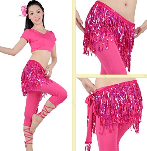 MUNAFIE Women's Belly Dance Hip Scarf Performance Outfits Skirt Festival Clothing Rose Red,One Size - Image 4
