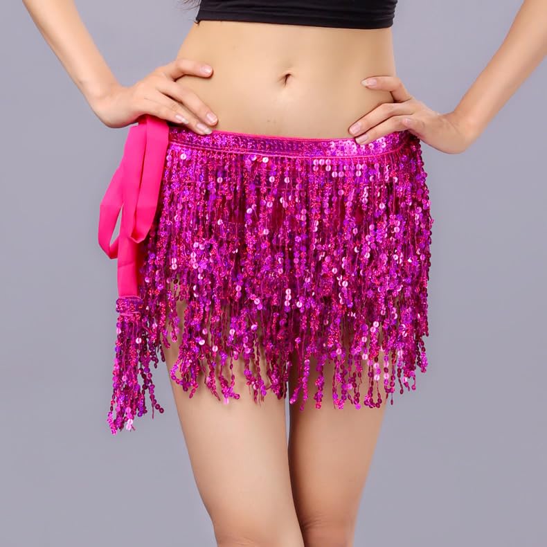 MUNAFIE Women's Belly Dance Hip Scarf Performance Outfits Skirt Festival Clothing Rose Red,One Size - Image 5