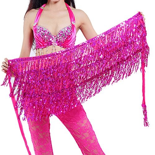 MUNAFIE Women's Belly Dance Hip Scarf Performance Outfits Skirt Festival Clothing Rose Red,One Size - Image 3