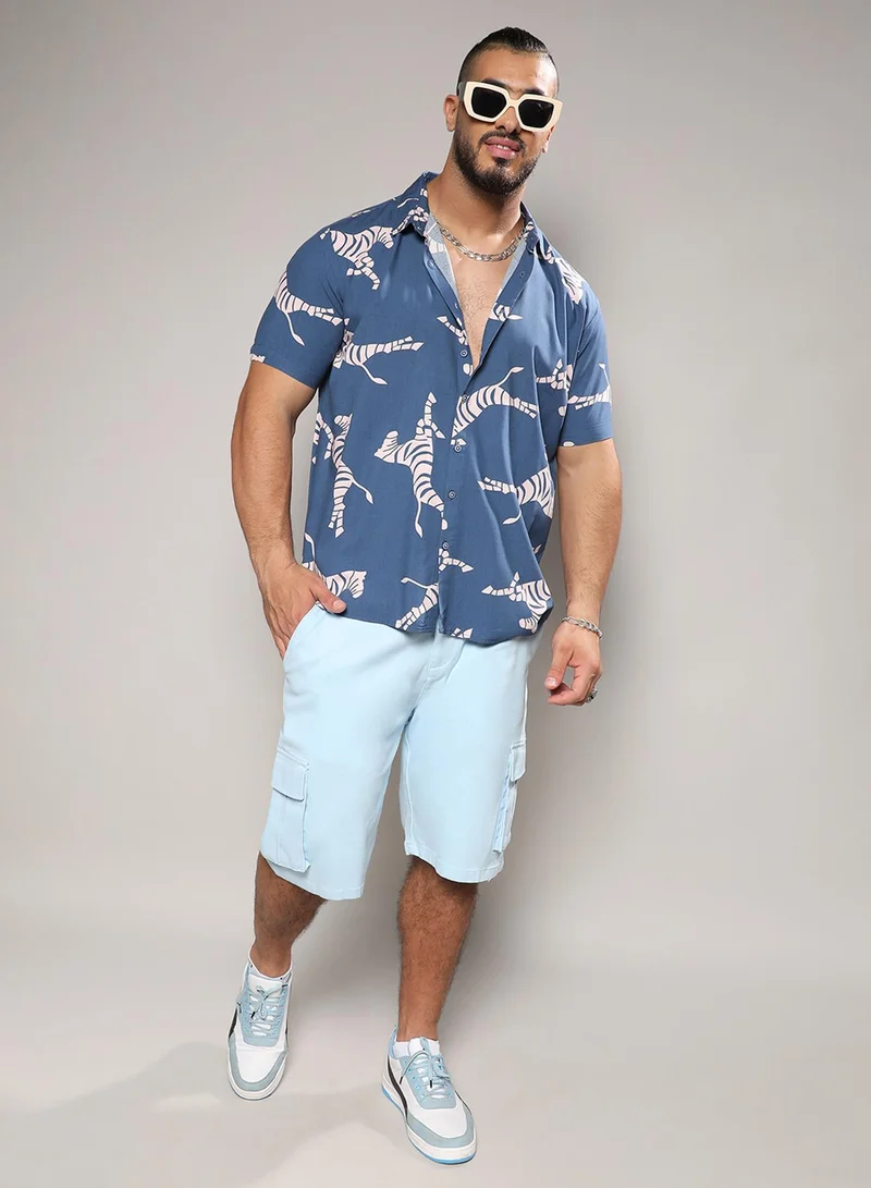 Instafab Plus Instafab Plus Men's Blue Contrast Zebra Shirt For Casual Wear | Spread Collar | Short Sleeve | Button Closure | Rayon Shirt Crafted With Comfort Fit For Everyday Wear