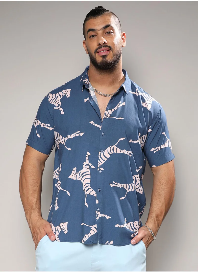Instafab Plus Instafab Plus Men's Blue Contrast Zebra Shirt For Casual Wear | Spread Collar | Short Sleeve | Button Closure | Rayon Shirt Crafted With Comfort Fit For Everyday Wear