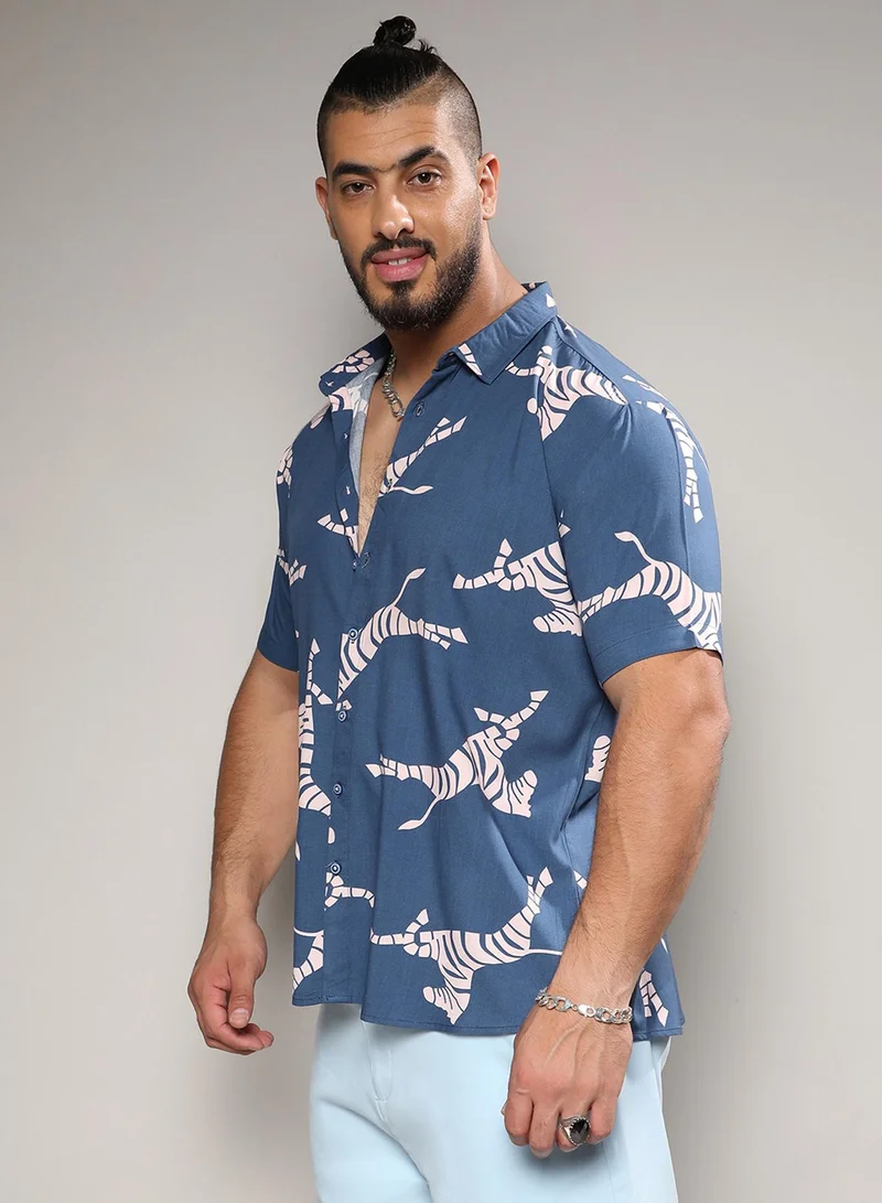 Instafab Plus Instafab Plus Men's Blue Contrast Zebra Shirt For Casual Wear | Spread Collar | Short Sleeve | Button Closure | Rayon Shirt Crafted With Comfort Fit For Everyday Wear