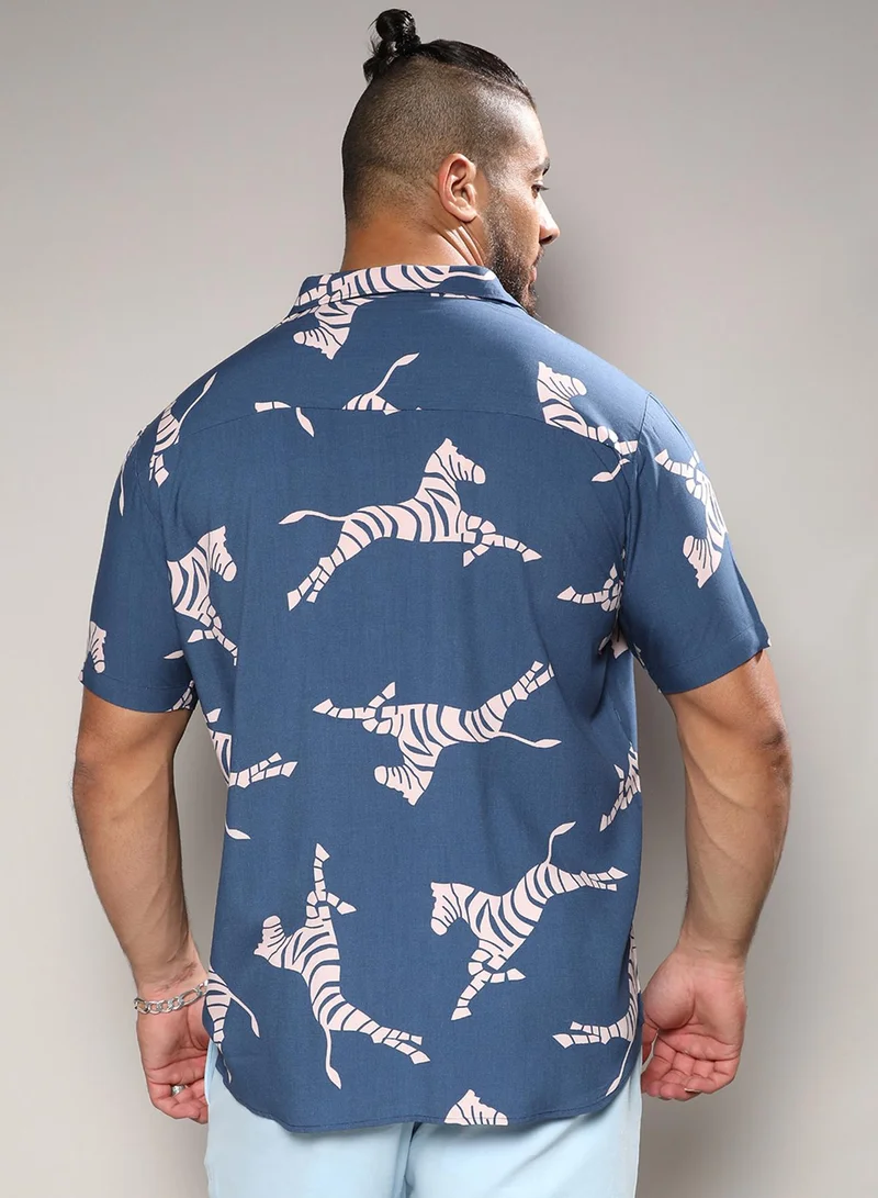 Instafab Plus Instafab Plus Men's Blue Contrast Zebra Shirt For Casual Wear | Spread Collar | Short Sleeve | Button Closure | Rayon Shirt Crafted With Comfort Fit For Everyday Wear