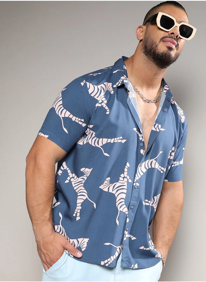 Instafab Plus Instafab Plus Men's Blue Contrast Zebra Shirt For Casual Wear | Spread Collar | Short Sleeve | Button Closure | Rayon Shirt Crafted With Comfort Fit For Everyday Wear