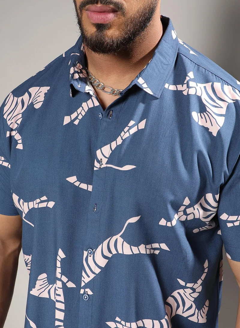 Instafab Plus Instafab Plus Men's Blue Contrast Zebra Shirt For Casual Wear | Spread Collar | Short Sleeve | Button Closure | Rayon Shirt Crafted With Comfort Fit For Everyday Wear