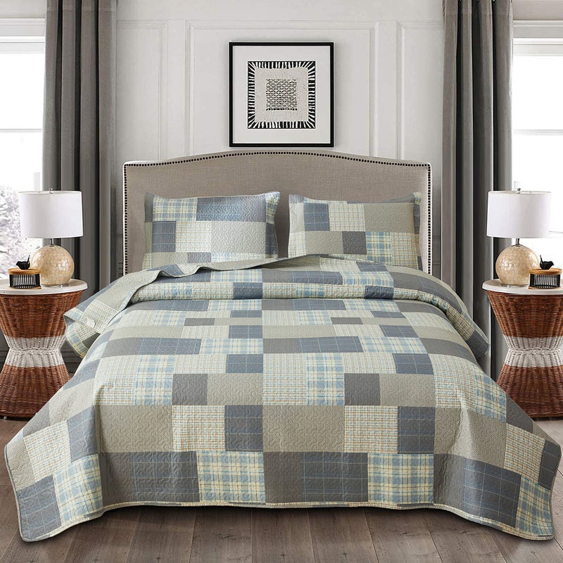 Grey Blue Yellow Bedding Plaid Quilt FullQueen Size Summer Patchwork Quilts Lightweight Soft Breathable Check Bedspread Gingham Bedding Checker Pattern Coverlet Bed Cover Set Geometric Home Decor