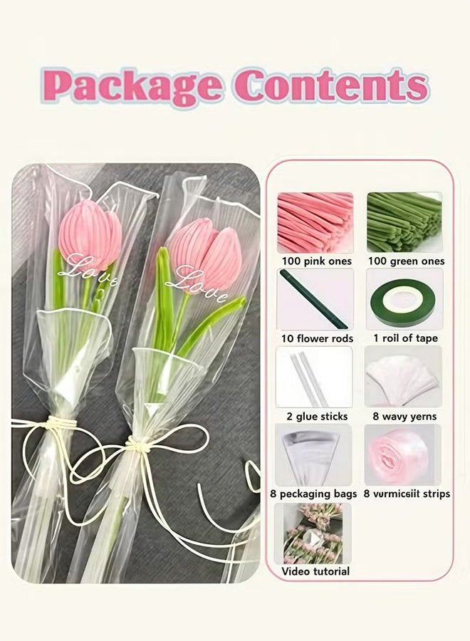 JS Tulip Pipe Cleaners for Craft, 30cm Green and Pink Pipe Cleaners, Fuzzy Sticks Craft Supplies, Chenille Stems with Flower Pole, Flower Core & Gardening Tape, Arts & Crafts for DIY - Image 2