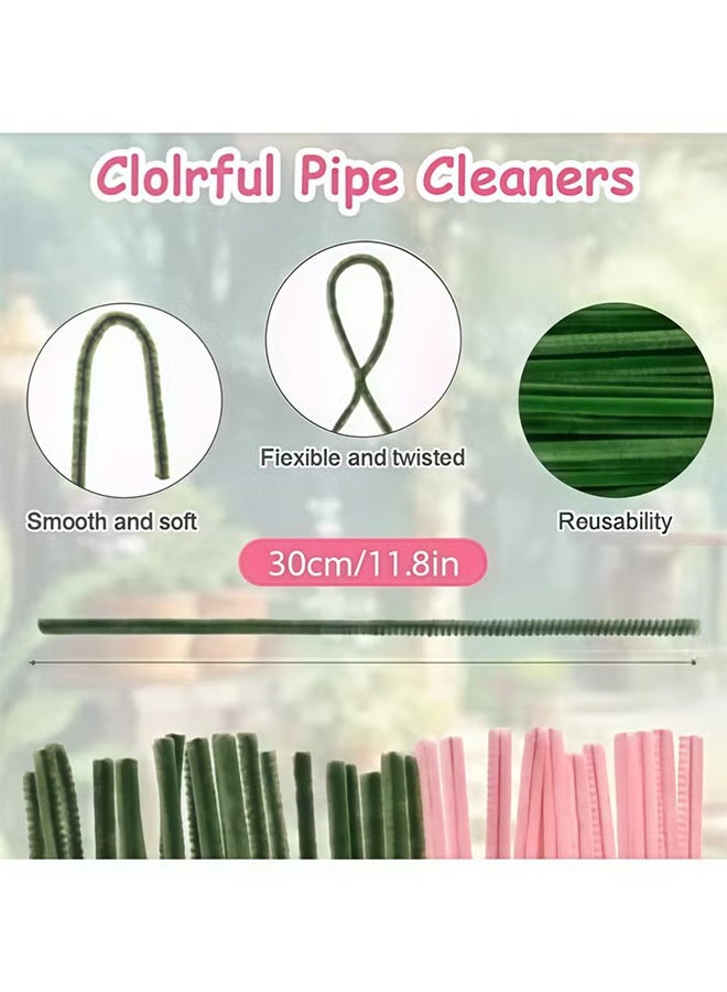JS Tulip Pipe Cleaners for Craft, 30cm Green and Pink Pipe Cleaners, Fuzzy Sticks Craft Supplies, Chenille Stems with Flower Pole, Flower Core & Gardening Tape, Arts & Crafts for DIY - Image 3