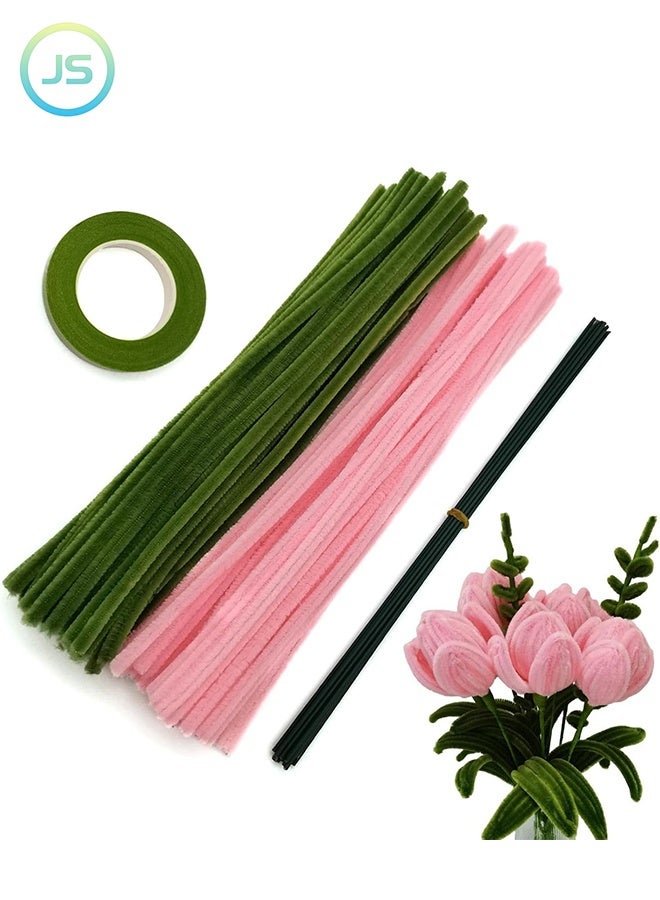 JS Tulip Pipe Cleaners for Craft, 30cm Green and Pink Pipe Cleaners, Fuzzy Sticks Craft Supplies, Chenille Stems with Flower Pole, Flower Core & Gardening Tape, Arts & Crafts for DIY - Image 1