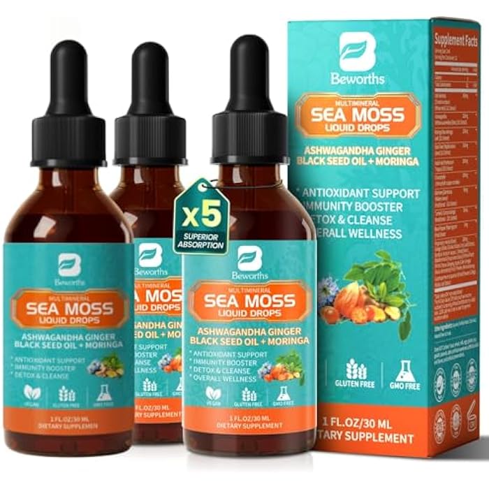 B BEWORTHS 3Pack Sea Moss Drops - Irish Sea Moss Chlorophyll Liquid with Black Seed Oil, Ashwagandha, Moringa, Turmeric, Elderberry, Mullein, Seamoss Gel Supplement for Liver Cleaner, Detox & Gut, Immune Support - Image 1