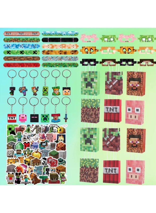 Minecraft Party Favors Set, All-in-One Minecraft Themed Party Supplies with 12 Wristbands, 12 Gift Bags, 12 Keychains, 100 PCS Stickers and 12 Party Glasses, Goodie Bag Fillers, Birthday Decorations for Kids Game Themed Party