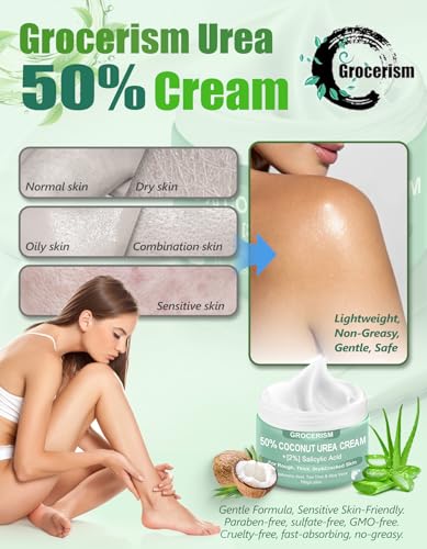 Grocerism Urea Cream 50 Percent for Feet with Coconut 529 oz Foot Hand Cream Maximum Strength with 2 Salicylic Acid Tea Tree and Aloe Vera for Deep Moisturizing and Callus Removing Upgraded Formula - Image 3
