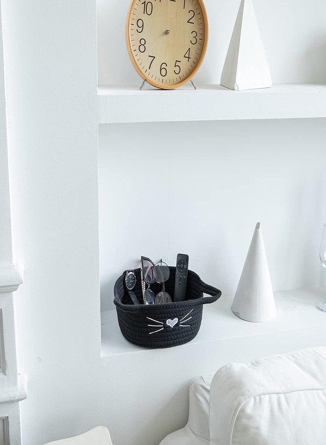 ALBY ☆LBY® Small Woven Basket Cotton Rope Basket with Cat Ears Little Storage Baskets for Organizing Bins Organizer Wicker Nursery Room for Kids Baby Dog Toy Drawer Gifts 9.5"x8.5"x4", (black) - Image 2