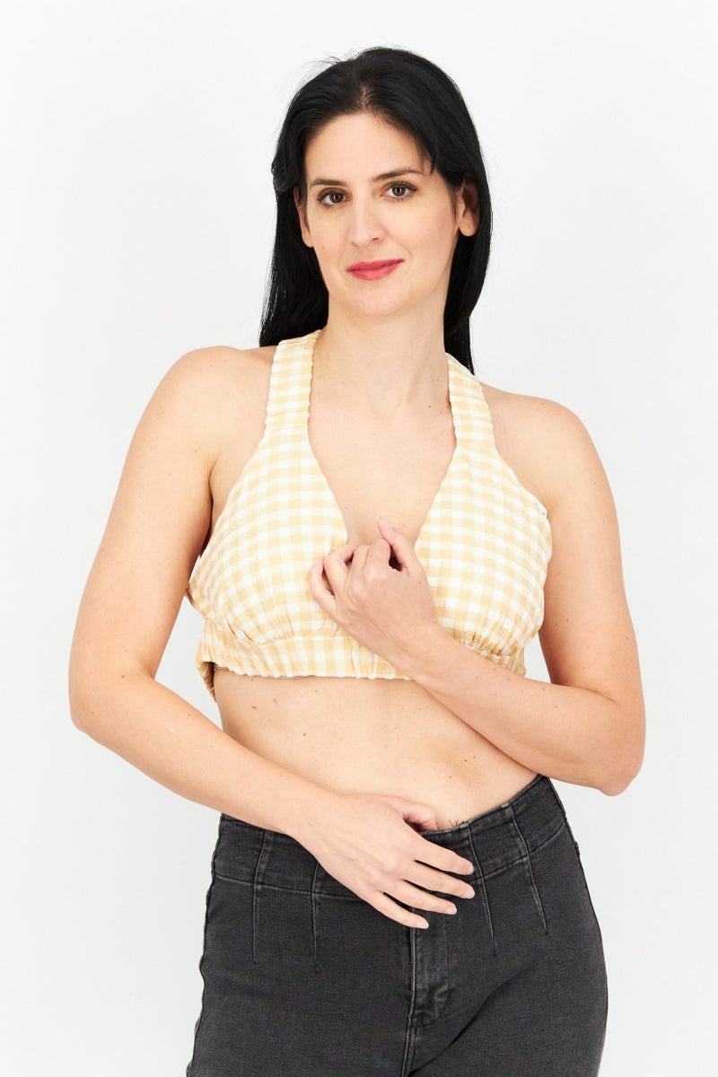 Asos Design Women Halter neck Sleeveless Gingham Printed Bralette Top, Tan Combo - Image 1