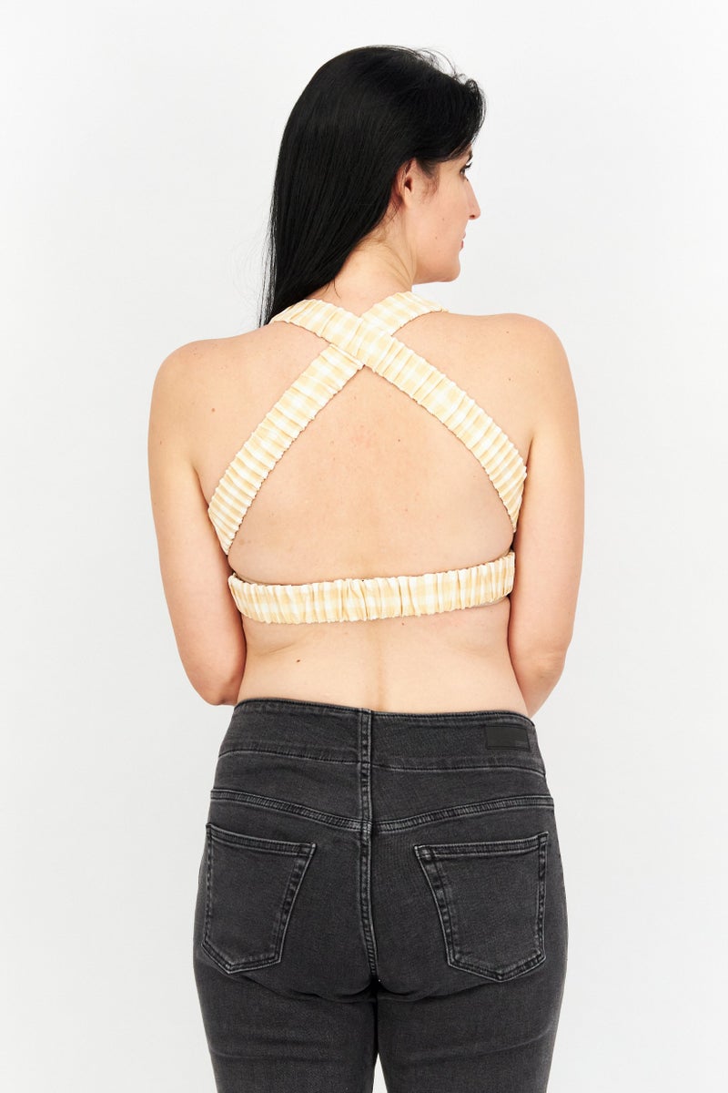 Asos Design Women Halter neck Sleeveless Gingham Printed Bralette Top, Tan Combo - Image 2