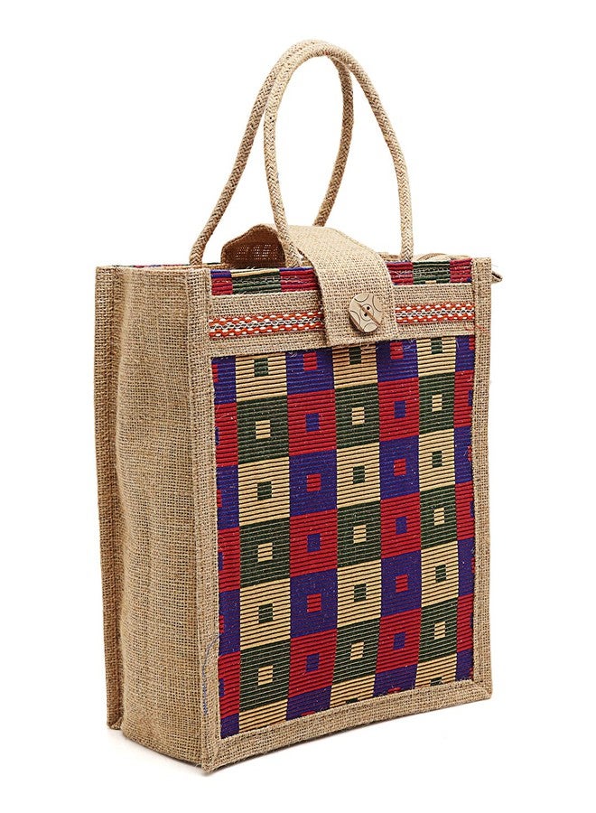 ENSAC Eco-Friendly Jute Bag & Bottle Holder Reusable Tiffin Shopping Grocery Multipurpose Hand Bag with Bottle Holder Zip & Handle for Men and Women (Blue) - Image 1