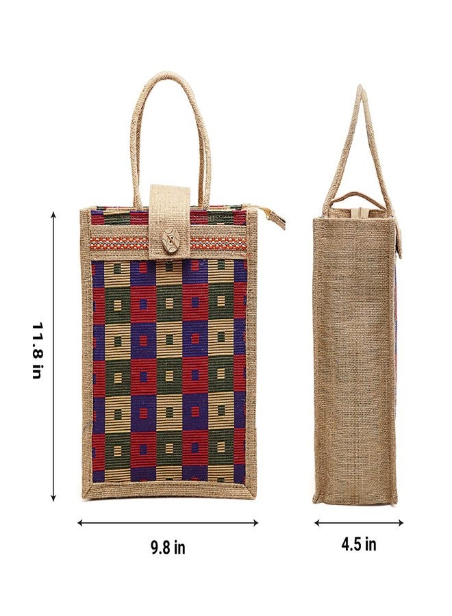 ENSAC Eco-Friendly Jute Bag & Bottle Holder Reusable Tiffin Shopping Grocery Multipurpose Hand Bag with Bottle Holder Zip & Handle for Men and Women (Blue) - Image 3