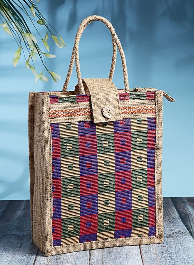ENSAC Eco-Friendly Jute Bag & Bottle Holder Reusable Tiffin Shopping Grocery Multipurpose Hand Bag with Bottle Holder Zip & Handle for Men and Women (Blue) - Image 2