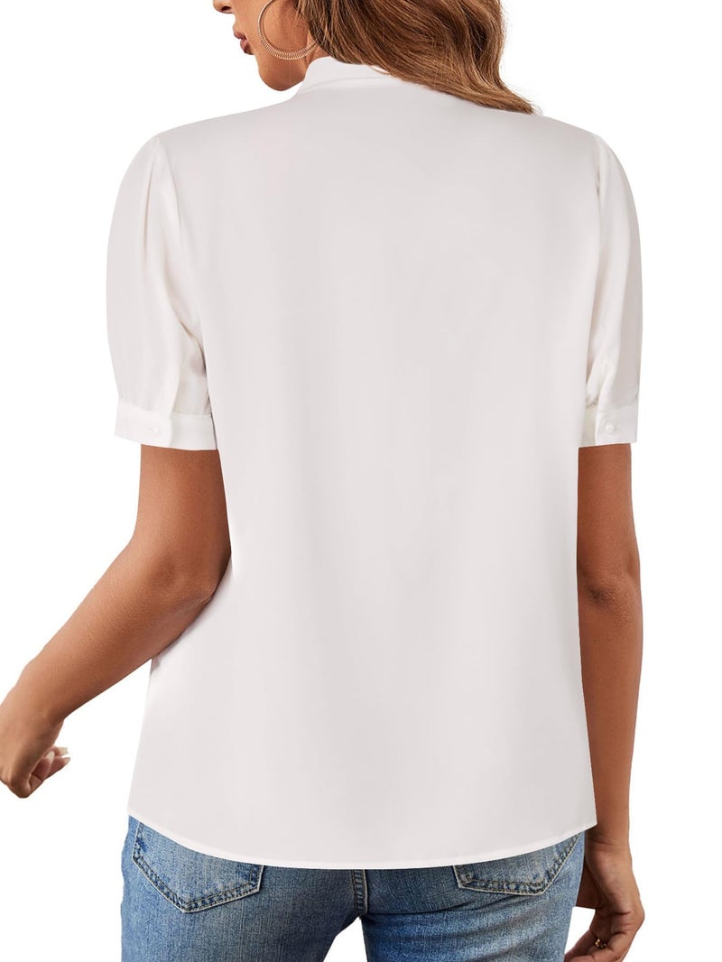 Rooscier Women's Bow Tie Neck Short Sleeve Office Elegant Workwear Blouse Shirt Tops Pure White Medium - Image 3