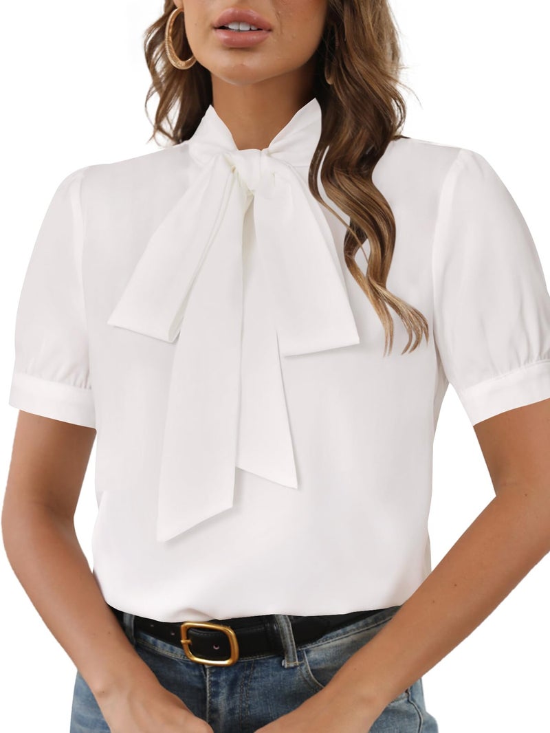 Rooscier Women's Bow Tie Neck Short Sleeve Office Elegant Workwear Blouse Shirt Tops Pure White Medium - Image 2