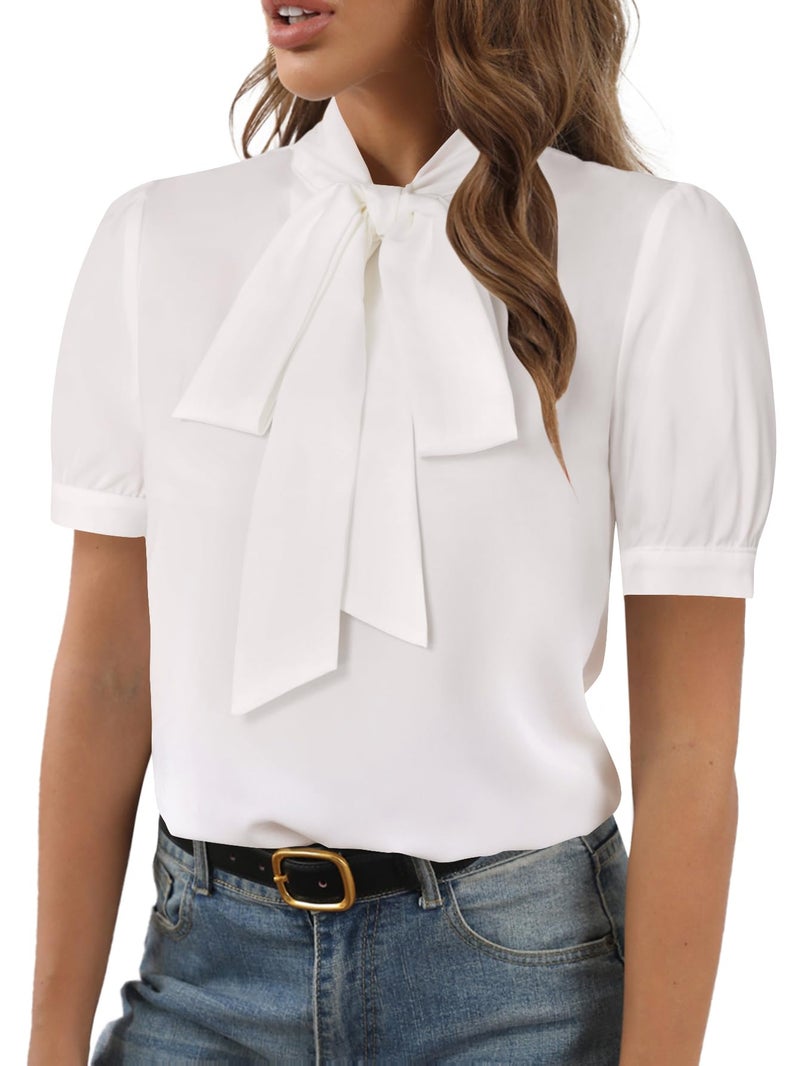Rooscier Women's Bow Tie Neck Short Sleeve Office Elegant Workwear Blouse Shirt Tops Pure White Medium - Image 1