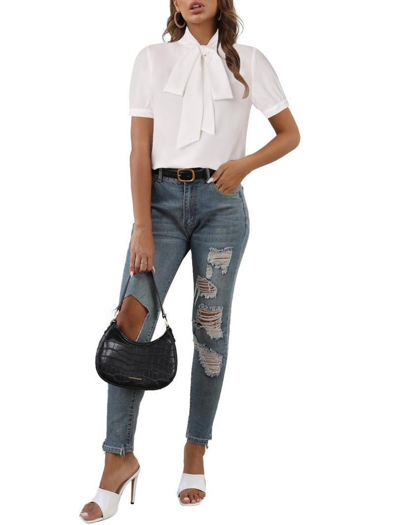 Rooscier Women's Bow Tie Neck Short Sleeve Office Elegant Workwear Blouse Shirt Tops Pure White Medium - Image 4