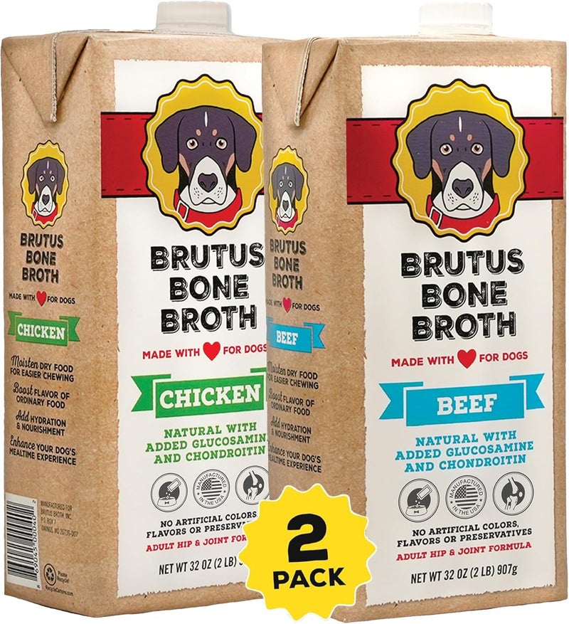 مرق Brutus للكلاب - مرق عظام طبيعي 100% يحتوي على الكوندرويتين والجلوكوزامين والكركم، مكملات غذائية من الدرجة البشرية للكلاب - عبوة تحتوي على دجاج ولحم بقر. - Image 1