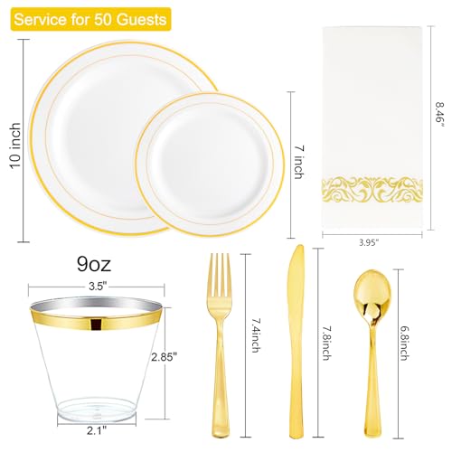 I00000 350Pcs Gold Dinnerware Set for 50 Guests, Gold Plastic Plates for Party, Include: 100 Disposable Plastic Plates, 50 Paper Napkins, 50 Cups, 50 Silverware Set Perfect for Party & Wedding - Image 2