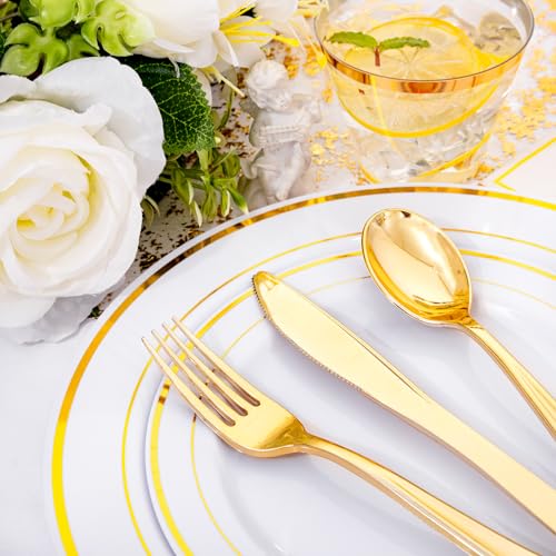 I00000 350Pcs Gold Dinnerware Set for 50 Guests, Gold Plastic Plates for Party, Include: 100 Disposable Plastic Plates, 50 Paper Napkins, 50 Cups, 50 Silverware Set Perfect for Party & Wedding - Image 3